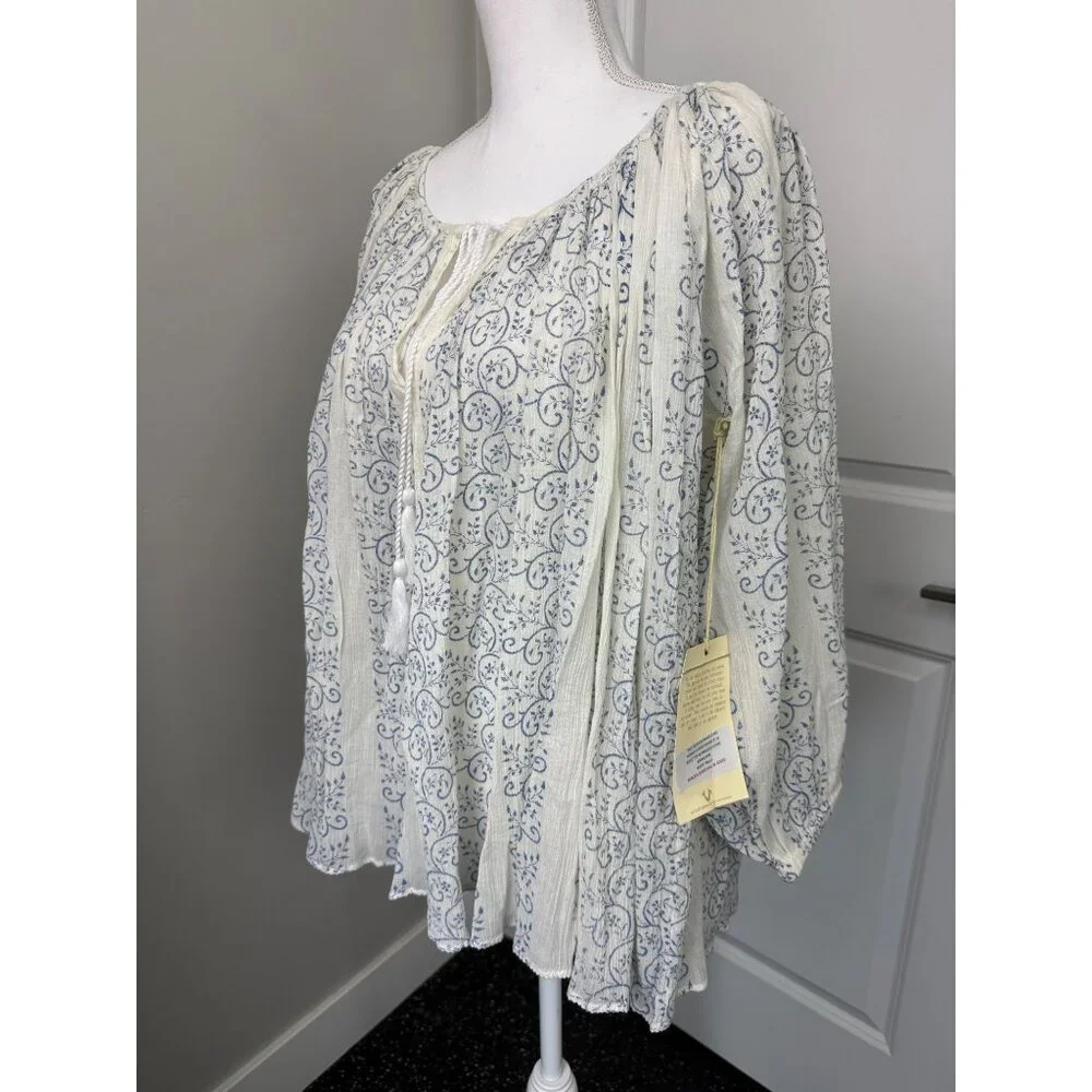True Religion Womens Boho Top S Blue & White Trellis Print With Princess Seams - Picture 3 of 16